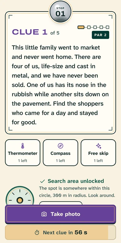 The Competitive stop screen: the Thermometer, Compass and Free skip lifelines, the search area unlocked, a 300 m circle, and the next clue counting down