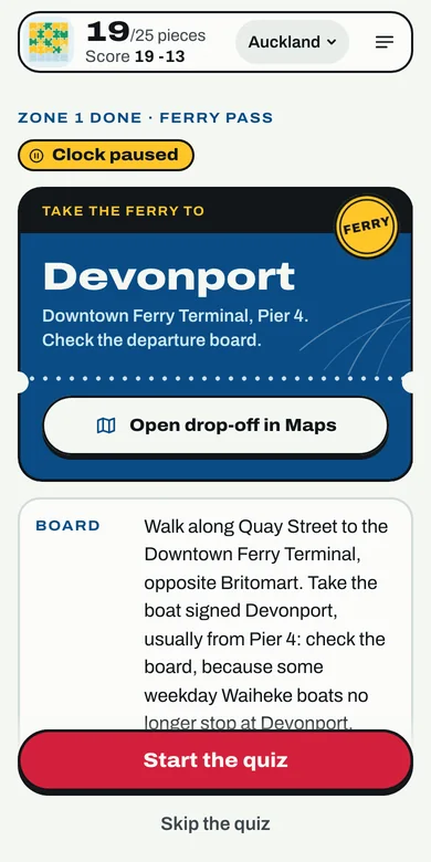 The Ferry pass after the city zone: the clock paused, take the ferry to Devonport from the Downtown Ferry Terminal, Pier 4