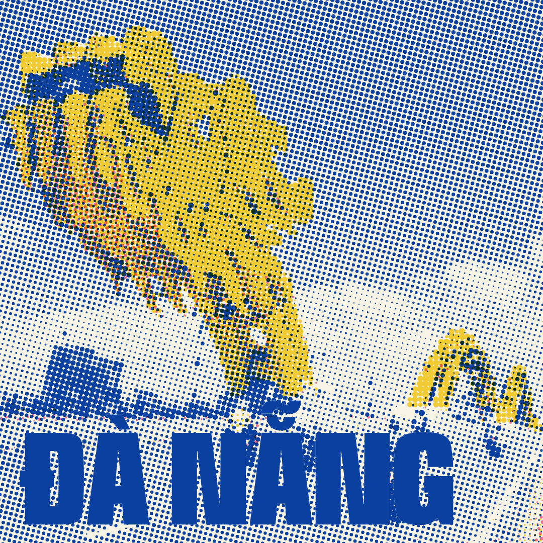 The finished Jigwalk Da Nang print: the golden Dragon Bridge by day in halftone yellow and blue, ĐÀ NẴNG in big blue letters across the bottom