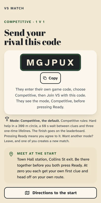The VS match screen: send your rival this code, a 6-character match code with a Copy button, meet at Town Hall station, and both players not ready yet
