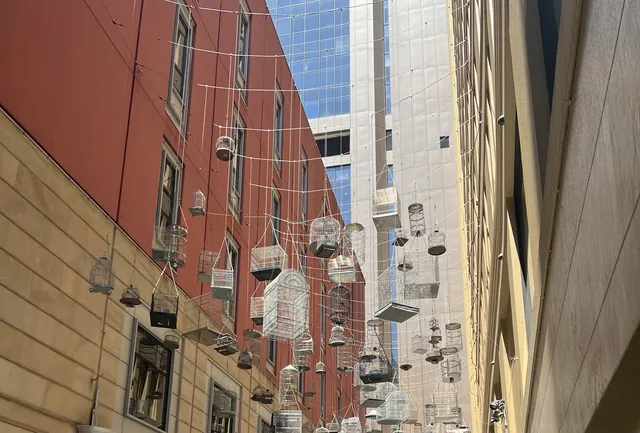 Empty wire birdcages suspended between the buildings above Angel Place