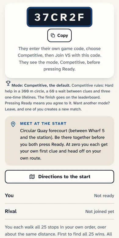 The VS match screen: send your rival this code, a 6-character match code with a Copy button, meet at the start, with you not ready and your rival not joined yet